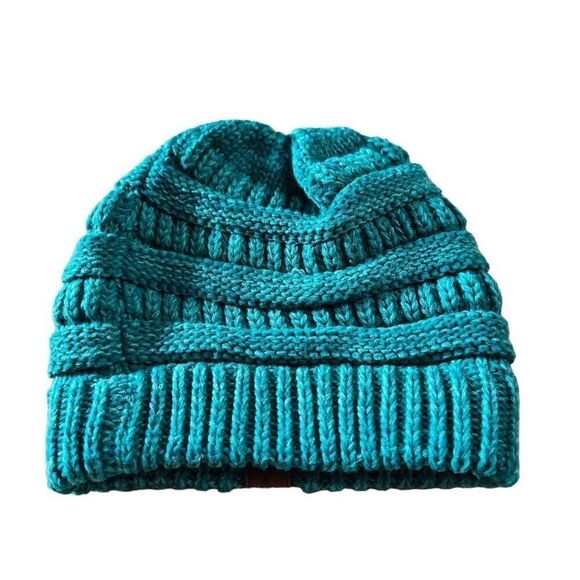 CC boho turquoise teal Chunky Stretch Cable Knit Women beanie hat OS - Picture 2 of 3